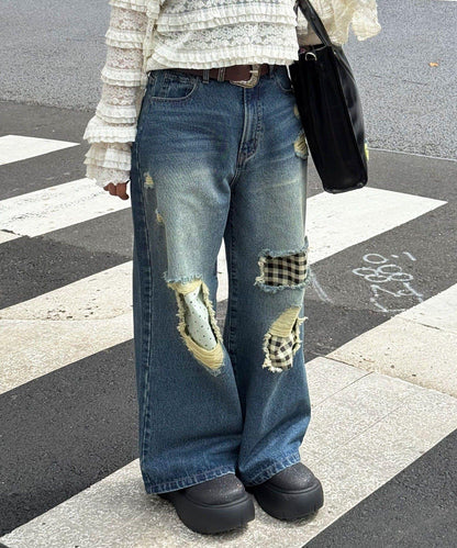 波點拼接格紋破洞牛仔褲