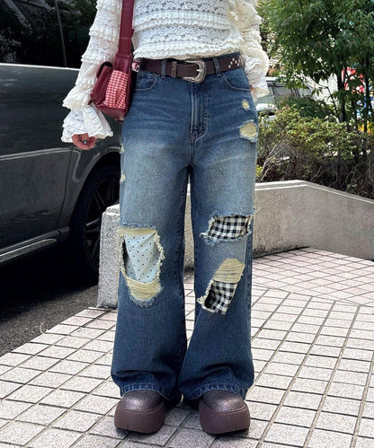 波點拼接格紋破洞牛仔褲