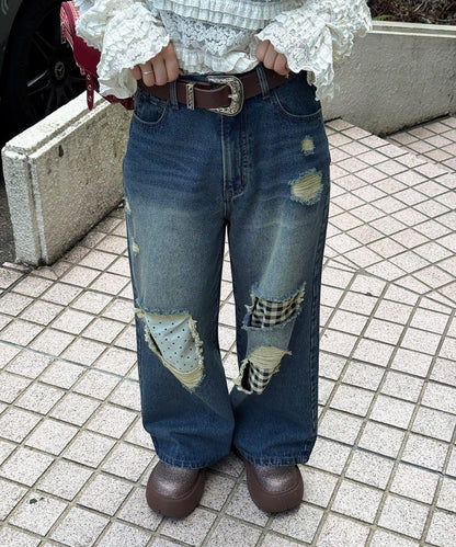 波點拼接格紋破洞牛仔褲