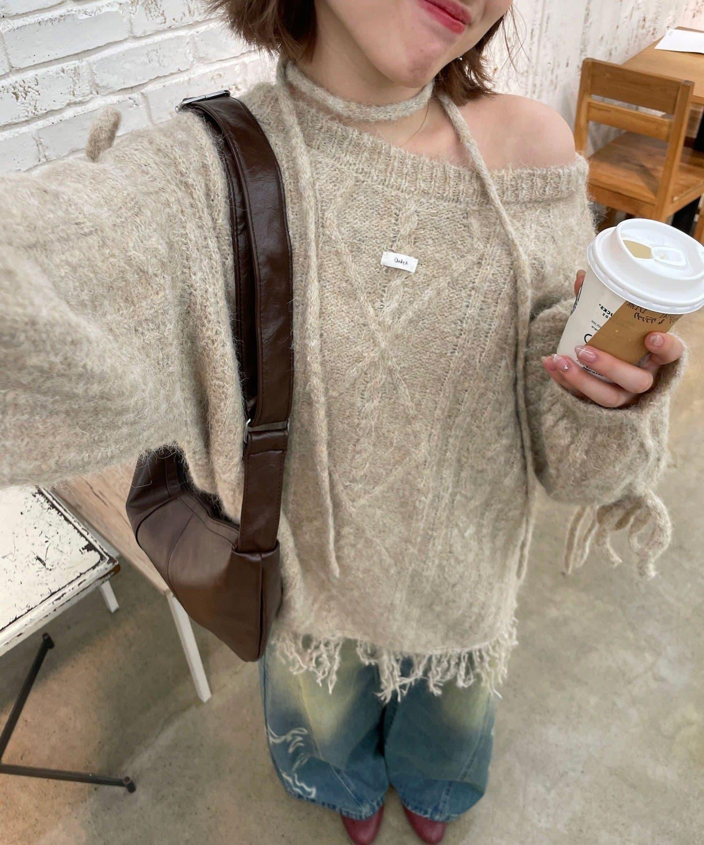 【あやっち(@_acoba_)企畫】麻花編織蝴蝶結流蘇一字肩針織衫