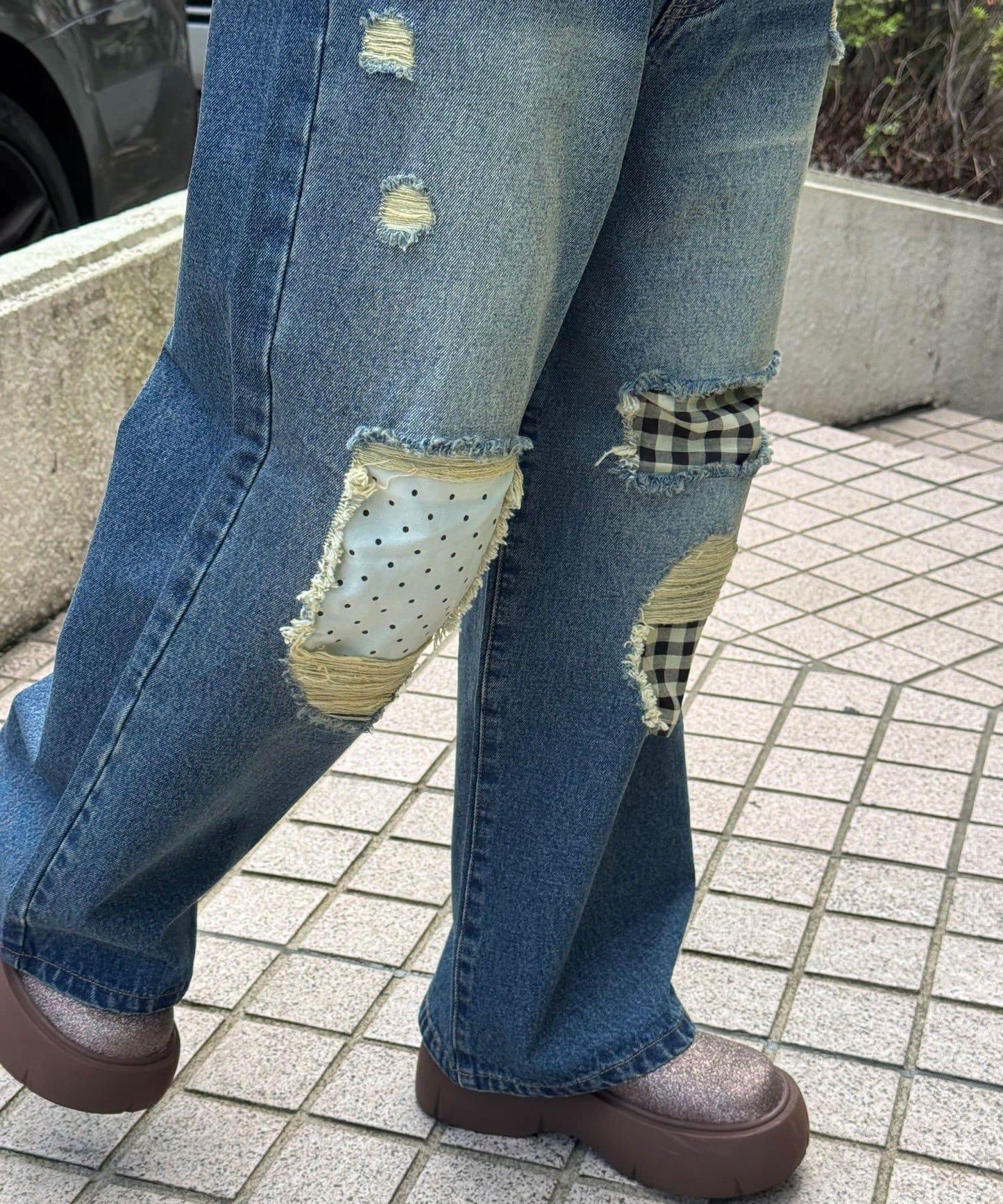 波點拼接格紋破洞牛仔褲