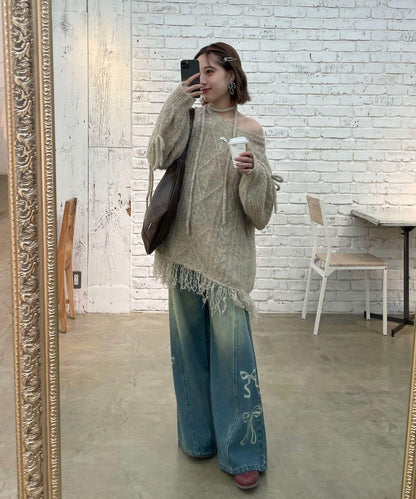 【あやっち(@_acoba_)企畫】麻花編織蝴蝶結流蘇一字肩針織衫