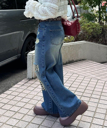 波點拼接格紋破洞牛仔褲