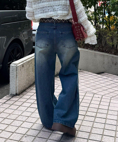 波點拼接格紋破洞牛仔褲