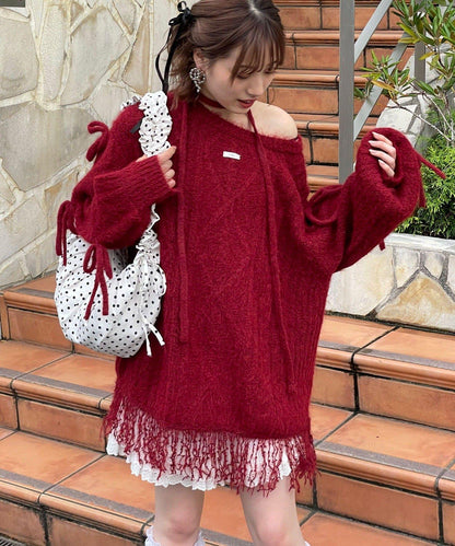 【あやっち(@_acoba_)企畫】麻花編織蝴蝶結流蘇一字肩針織衫