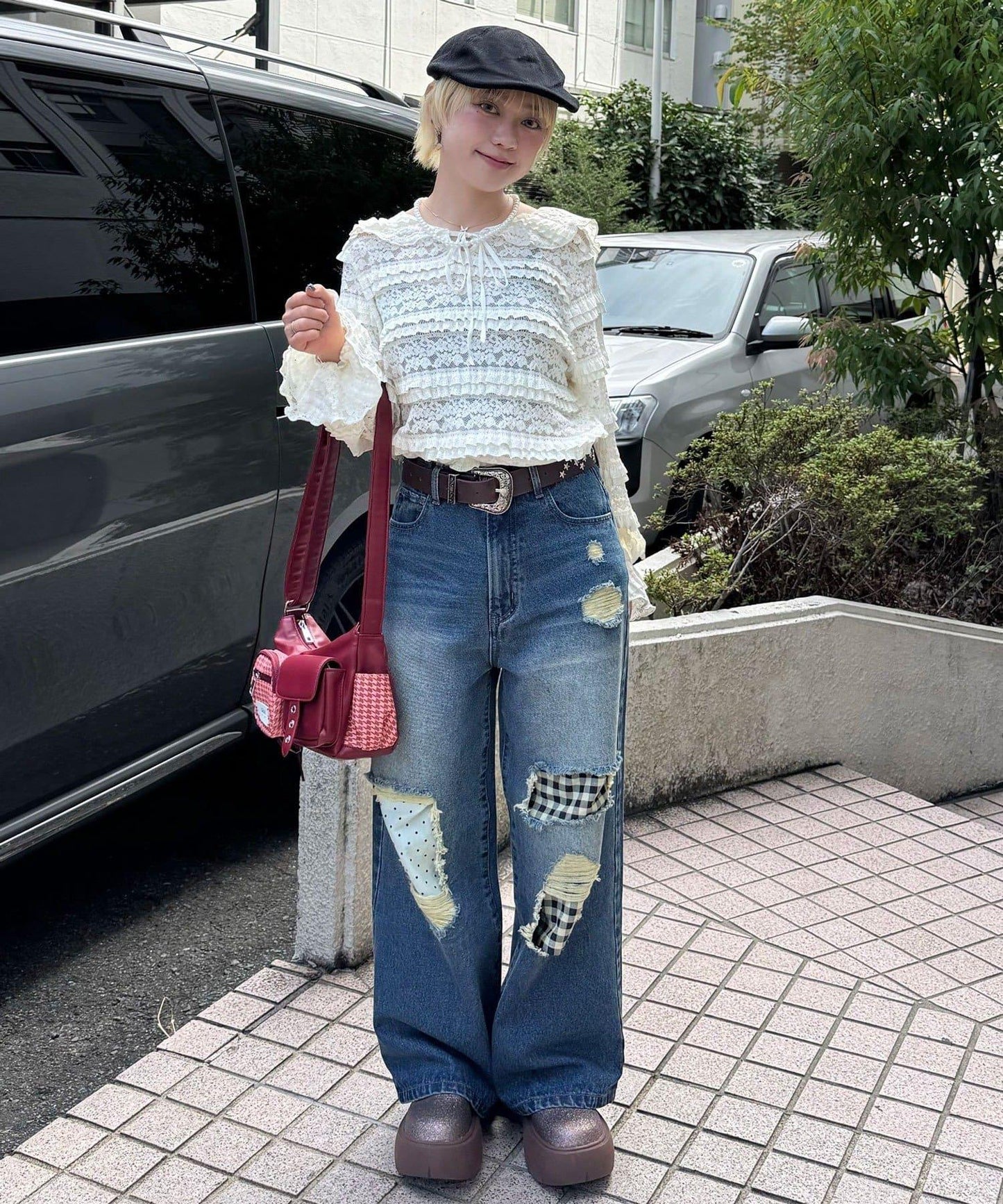 波點拼接格紋破洞牛仔褲