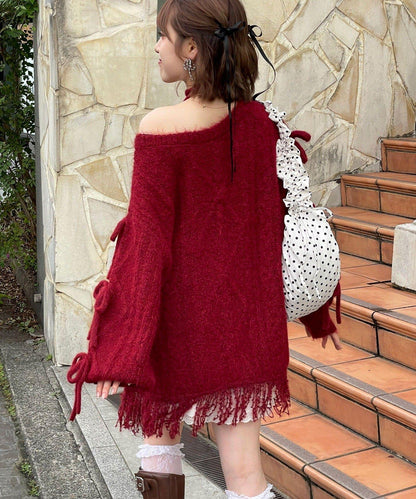 【あやっち(@_acoba_)企畫】麻花編織蝴蝶結流蘇一字肩針織衫