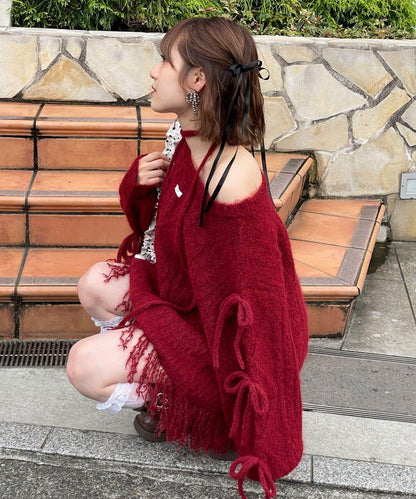 【あやっち(@_acoba_)企畫】麻花編織蝴蝶結流蘇一字肩針織衫