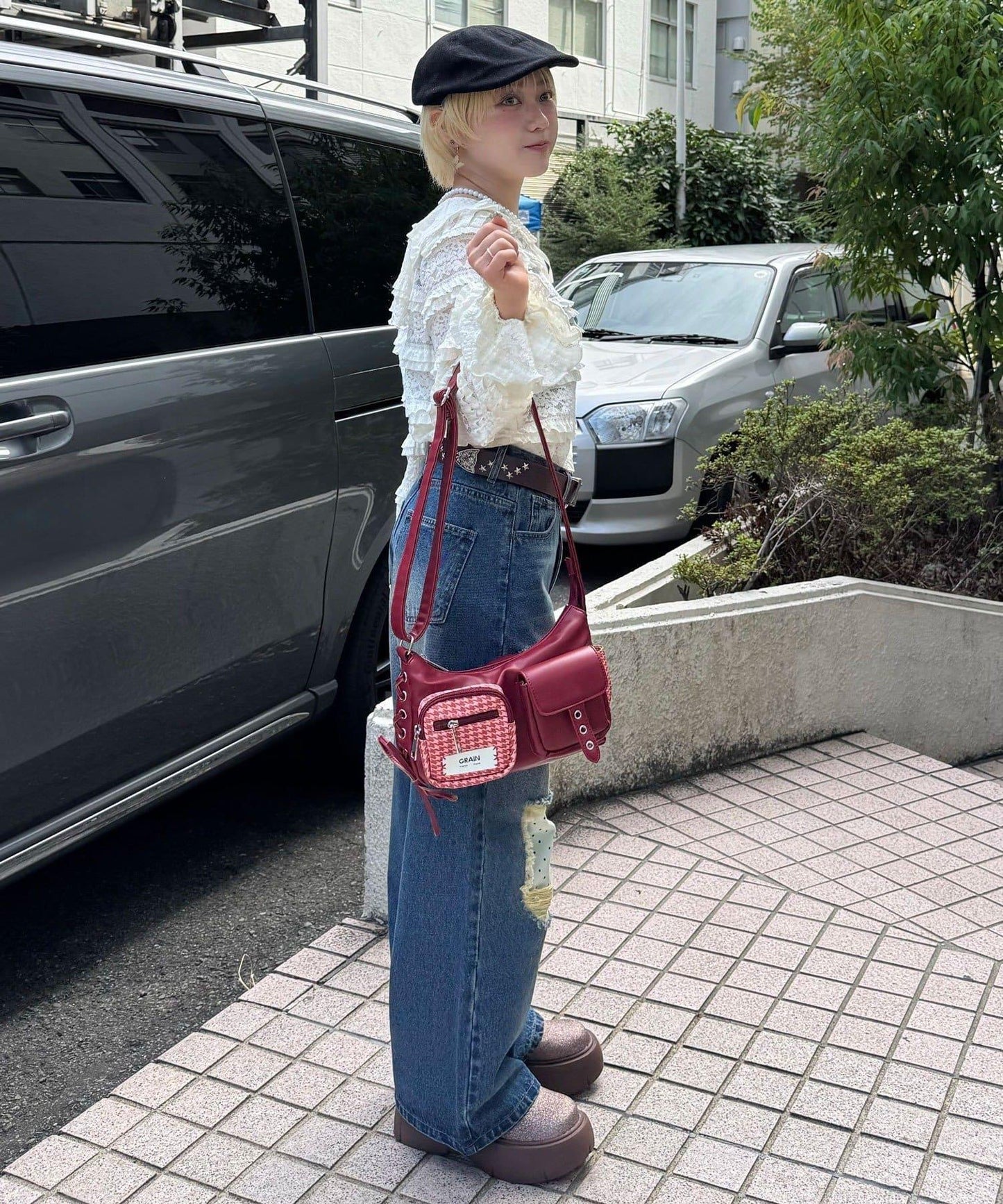 波點拼接格紋破洞牛仔褲