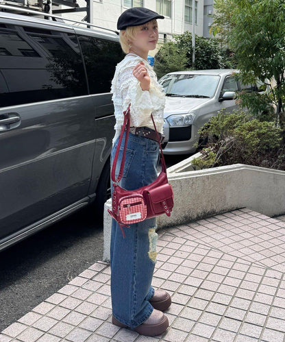 波點拼接格紋破洞牛仔褲