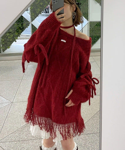 【あやっち(@_acoba_)企畫】麻花編織蝴蝶結流蘇一字肩針織衫