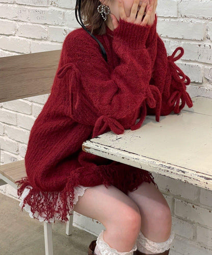 【あやっち(@_acoba_)企畫】麻花編織蝴蝶結流蘇一字肩針織衫