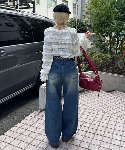 波點拼接格紋破洞牛仔褲