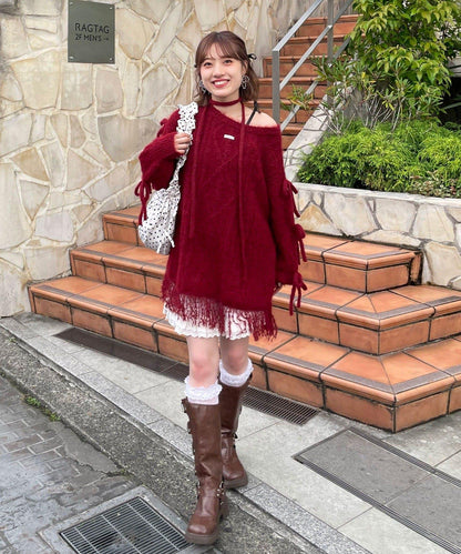 【あやっち(@_acoba_)企畫】麻花編織蝴蝶結流蘇一字肩針織衫