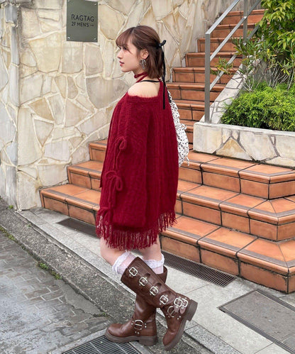 【あやっち(@_acoba_)企畫】麻花編織蝴蝶結流蘇一字肩針織衫