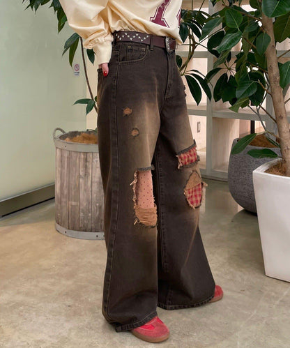 波點拼接格紋破洞牛仔褲