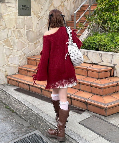 【あやっち(@_acoba_)企畫】麻花編織蝴蝶結流蘇一字肩針織衫