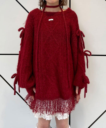 【あやっち(@_acoba_)企畫】麻花編織蝴蝶結流蘇一字肩針織衫