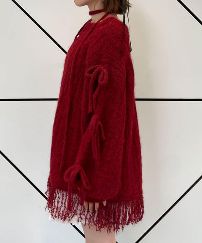 【あやっち(@_acoba_)企畫】麻花編織蝴蝶結流蘇一字肩針織衫