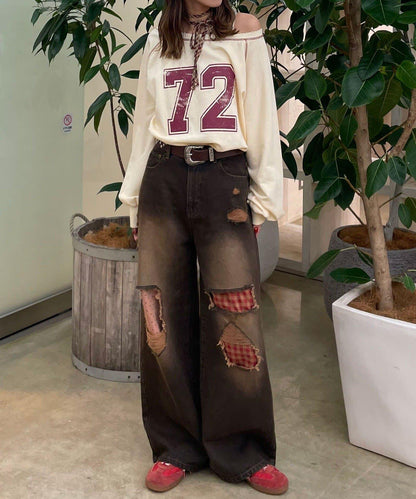 波點拼接格紋破洞牛仔褲