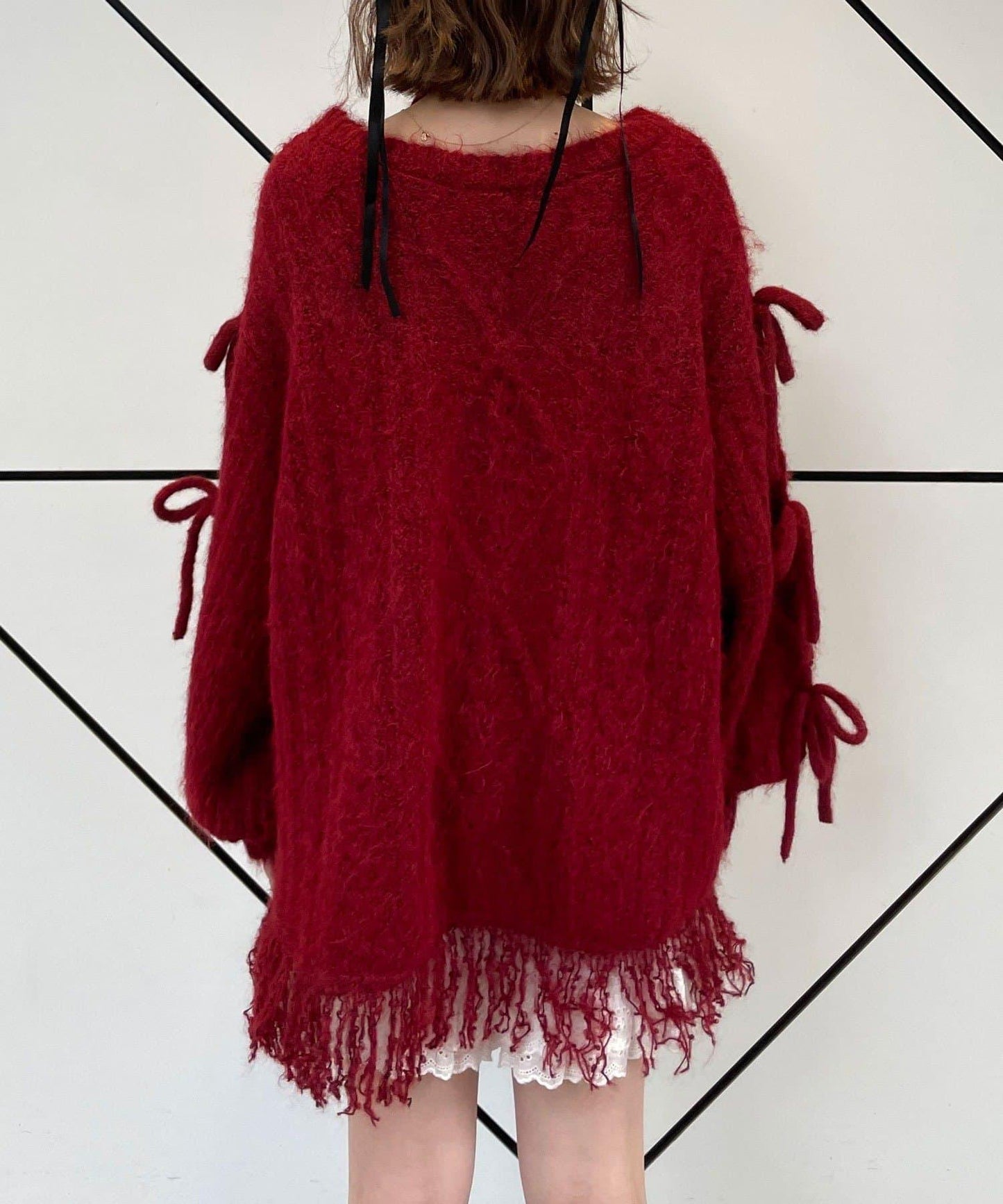 【あやっち(@_acoba_)企畫】麻花編織蝴蝶結流蘇一字肩針織衫