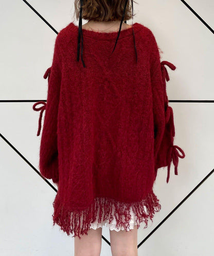 【あやっち(@_acoba_)企畫】麻花編織蝴蝶結流蘇一字肩針織衫