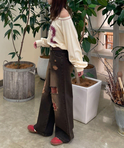 波點拼接格紋破洞牛仔褲