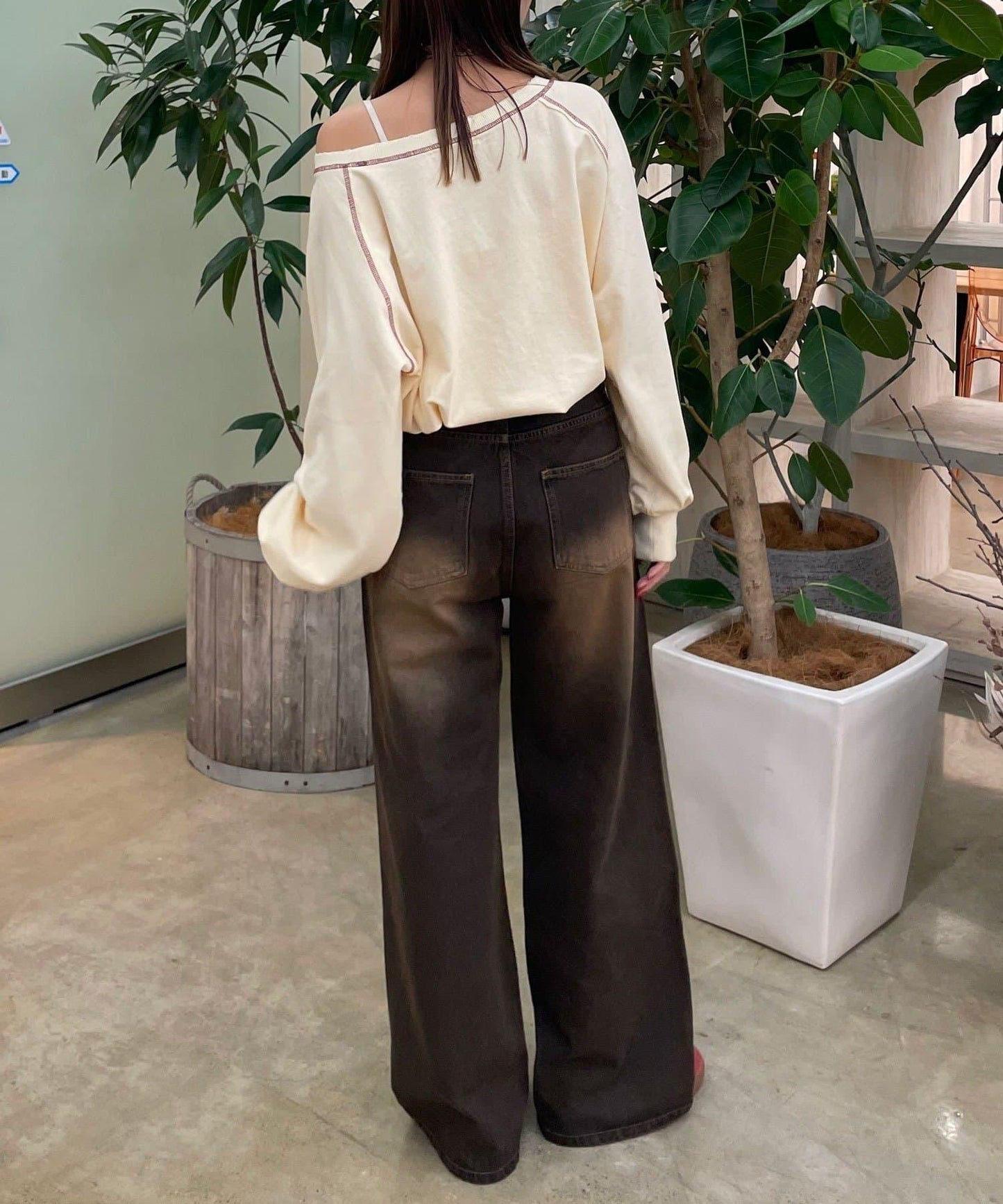 波點拼接格紋破洞牛仔褲