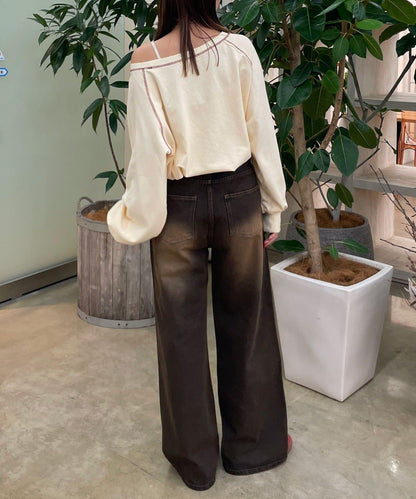 波點拼接格紋破洞牛仔褲