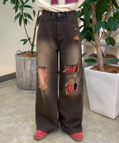 波點拼接格紋破洞牛仔褲