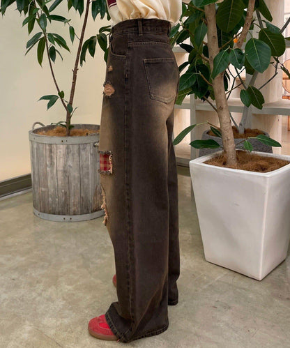 波點拼接格紋破洞牛仔褲