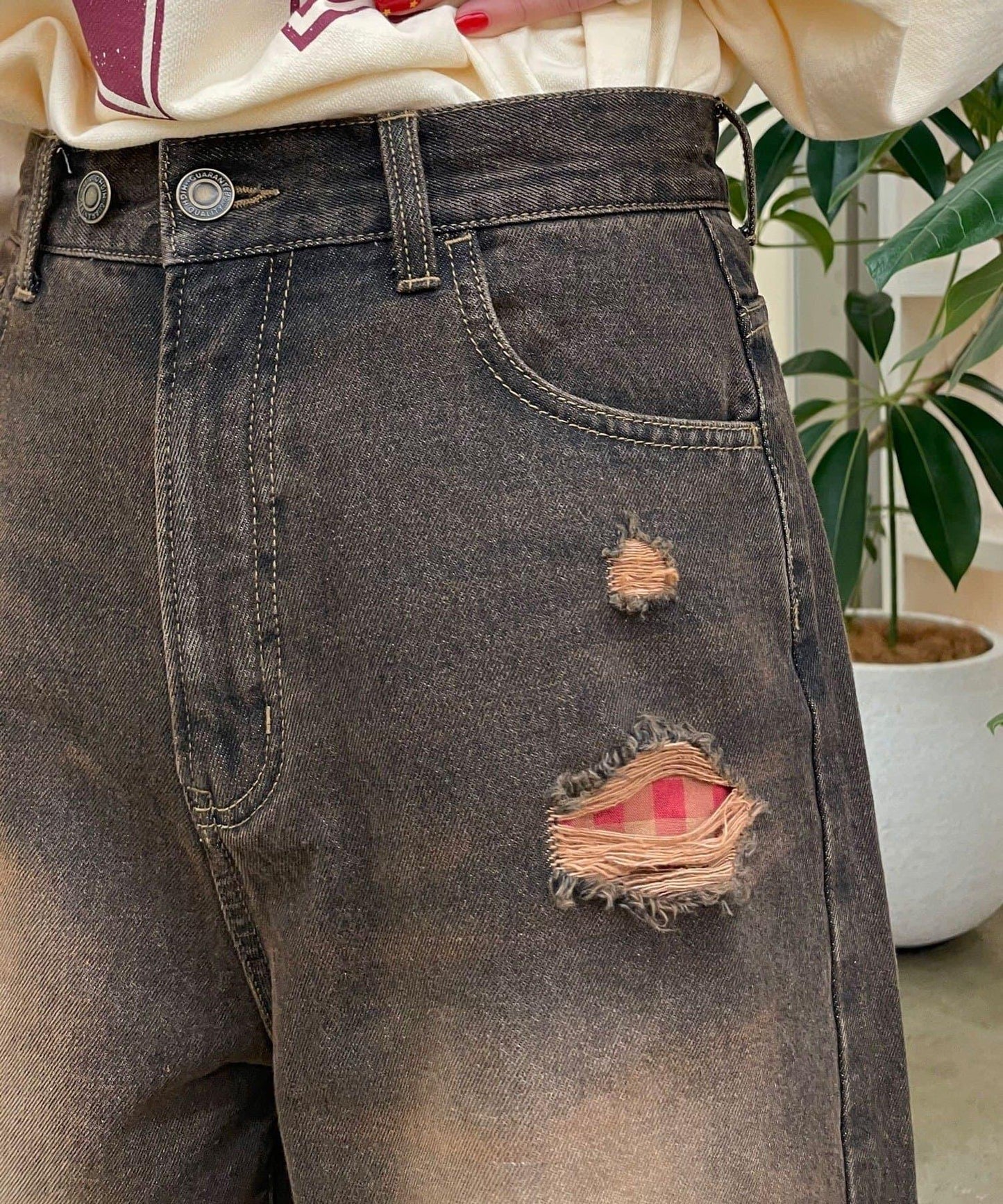 波點拼接格紋破洞牛仔褲