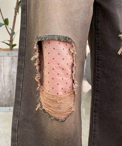 波點拼接格紋破洞牛仔褲