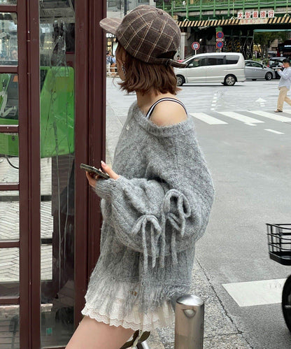 【あやっち(@_acoba_)企畫】麻花編織蝴蝶結流蘇一字肩針織衫