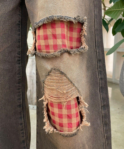 波點拼接格紋破洞牛仔褲