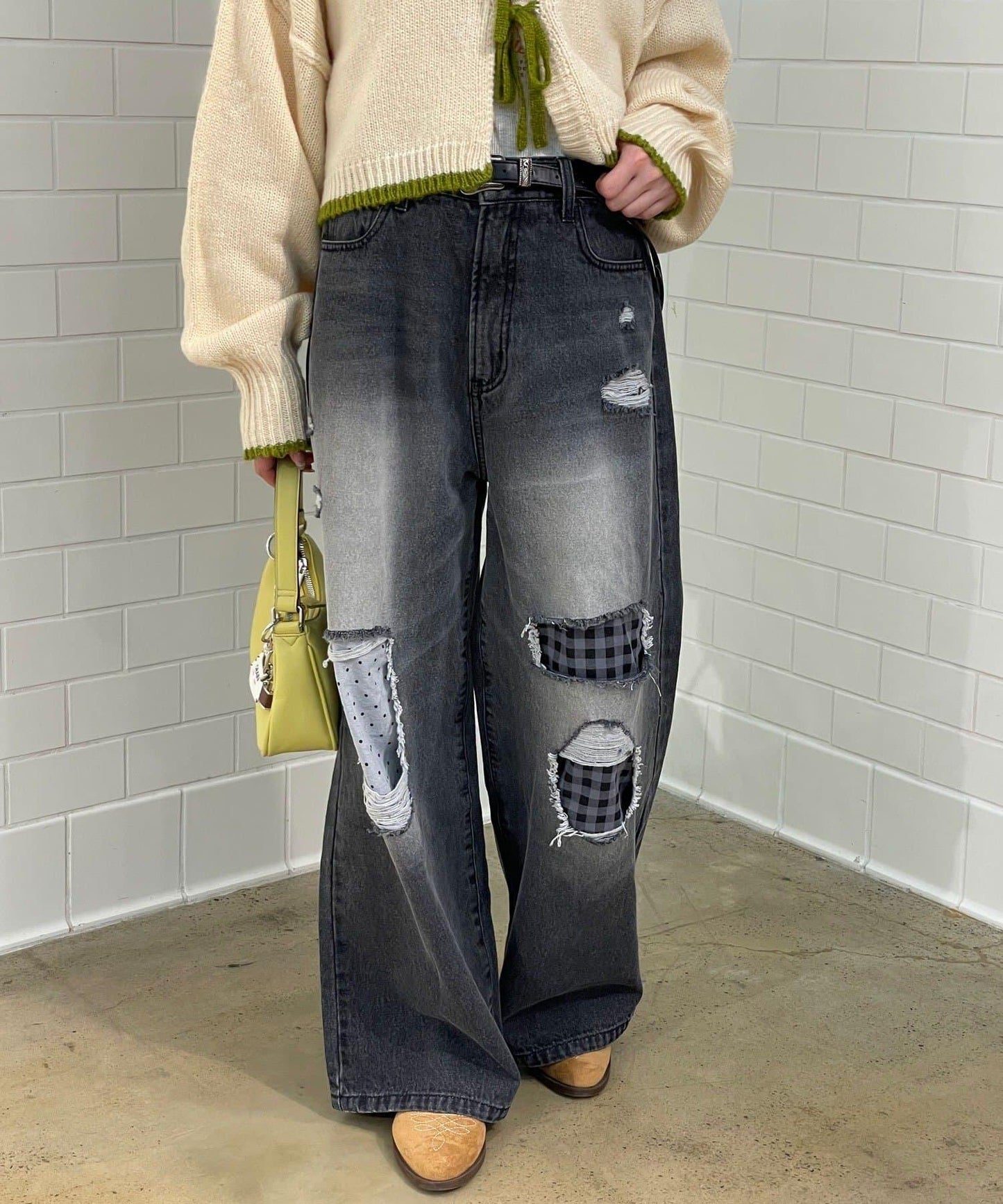 波點拼接格紋破洞牛仔褲