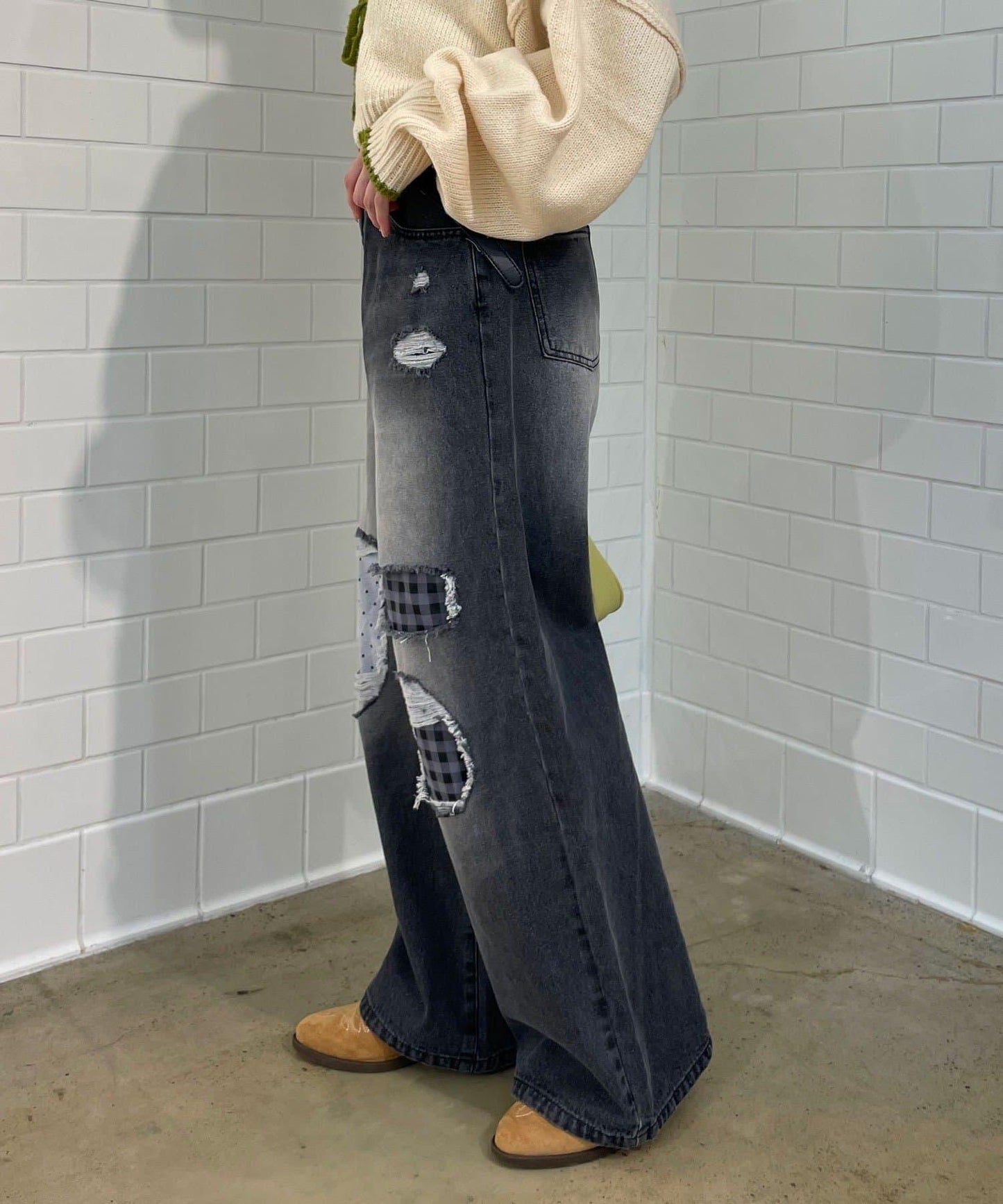 波點拼接格紋破洞牛仔褲
