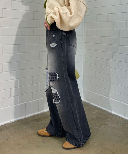 波點拼接格紋破洞牛仔褲