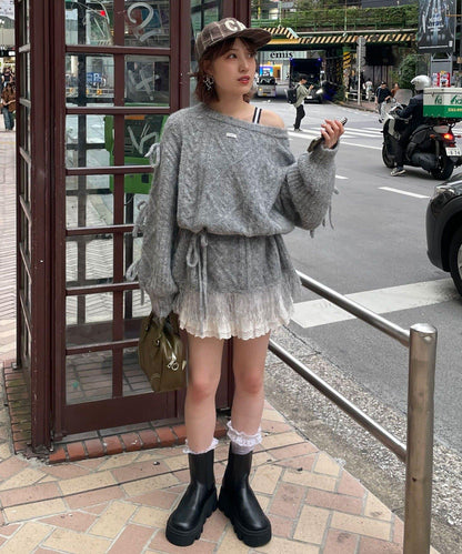 【あやっち(@_acoba_)企畫】麻花編織蝴蝶結流蘇一字肩針織衫