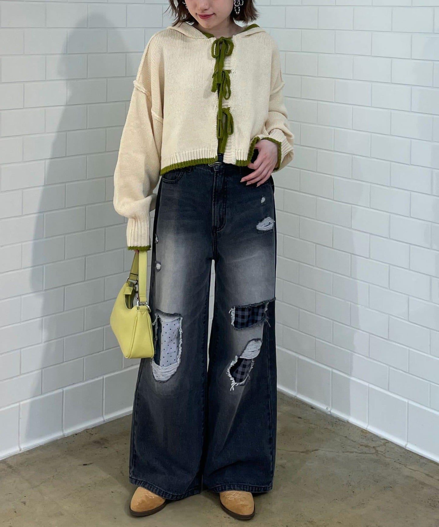 波點拼接格紋破洞牛仔褲