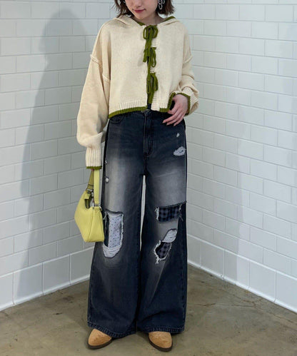 波點拼接格紋破洞牛仔褲