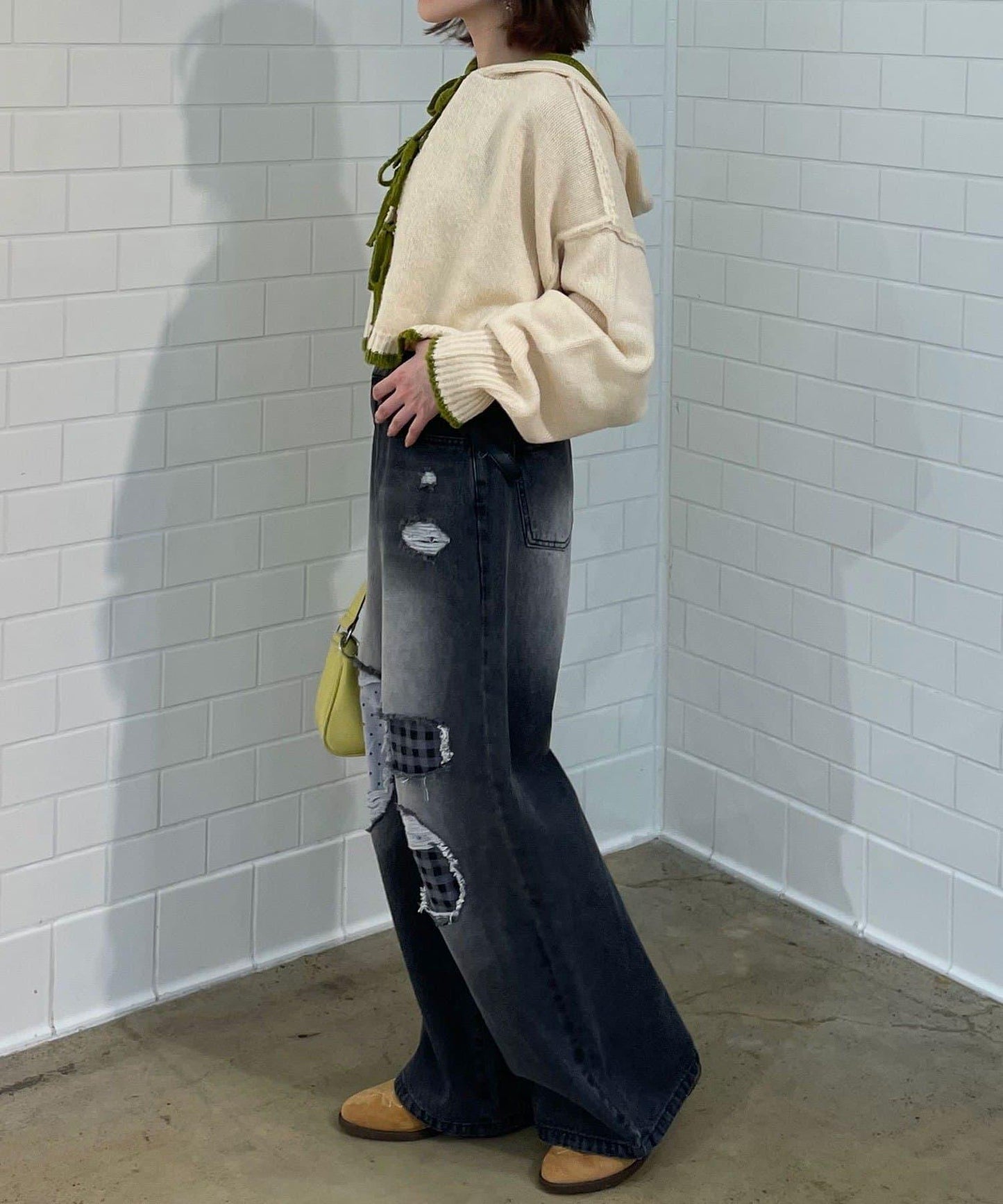 波點拼接格紋破洞牛仔褲