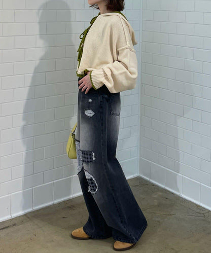 波點拼接格紋破洞牛仔褲