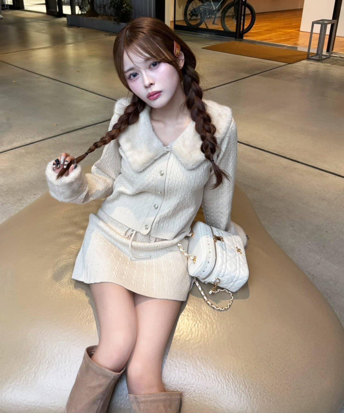 【Nono企畫】毛絨翻領麻花針織套裝