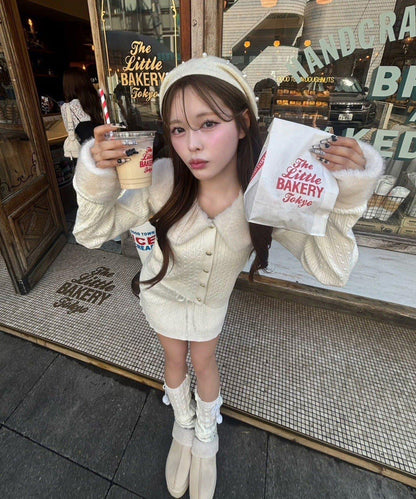 【Nono企畫】毛絨翻領麻花針織套裝