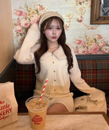 【Nono企畫】毛絨翻領麻花針織套裝