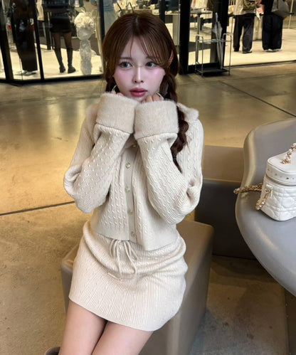 【Nono企畫】毛絨翻領麻花針織套裝