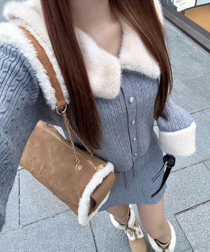 【Nono企畫】毛絨翻領麻花針織套裝