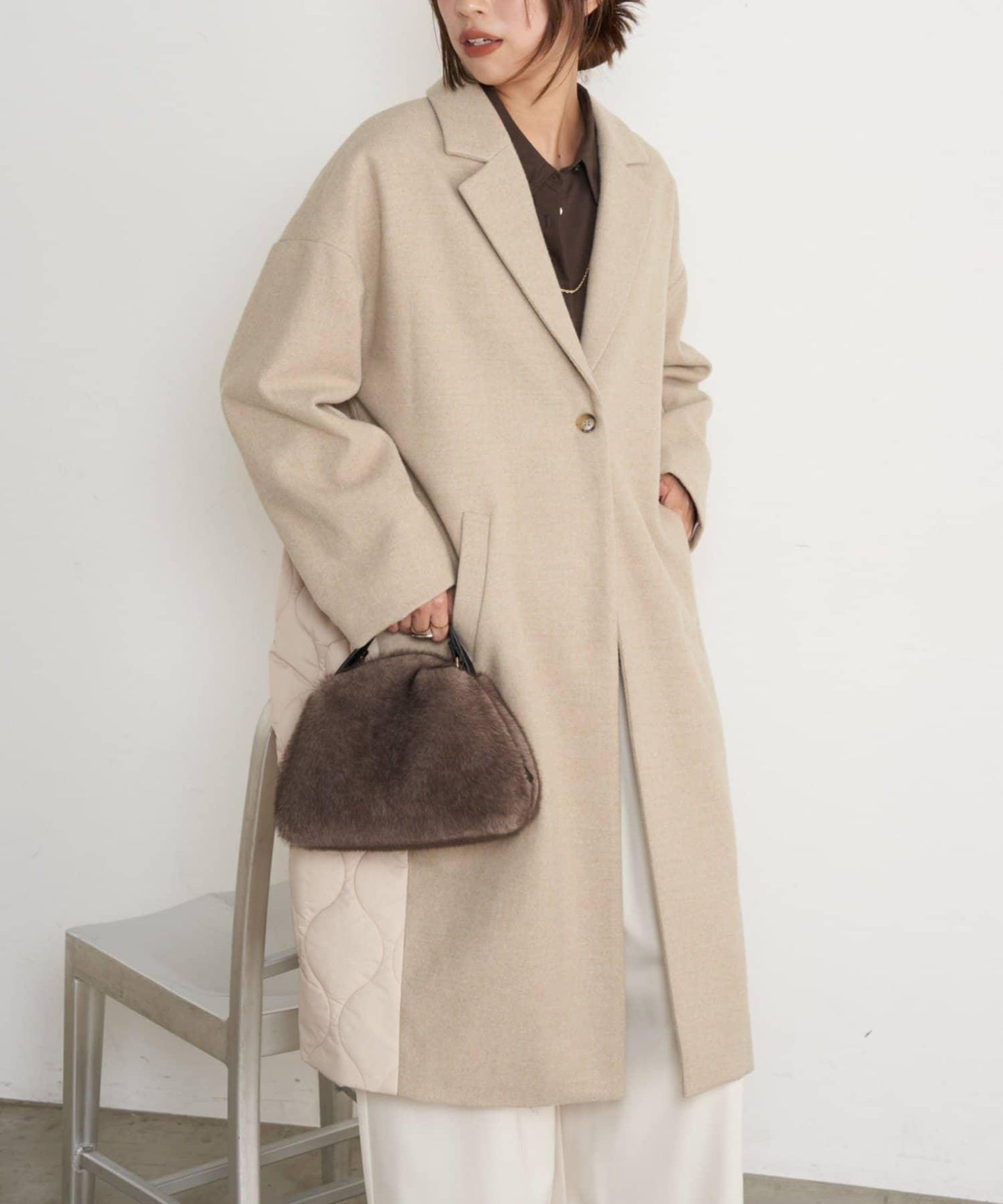 拼接絎縫長款大衣