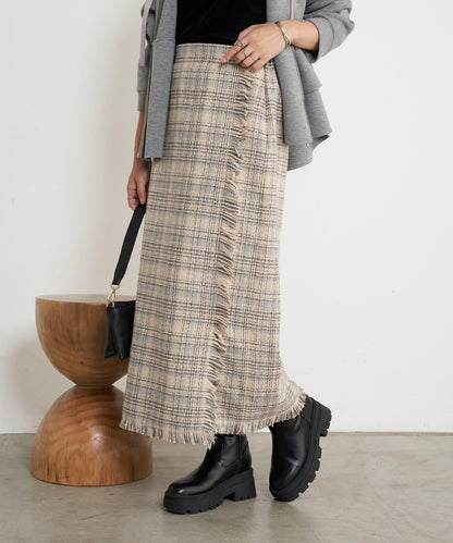 格紋流蘇修身半身裙